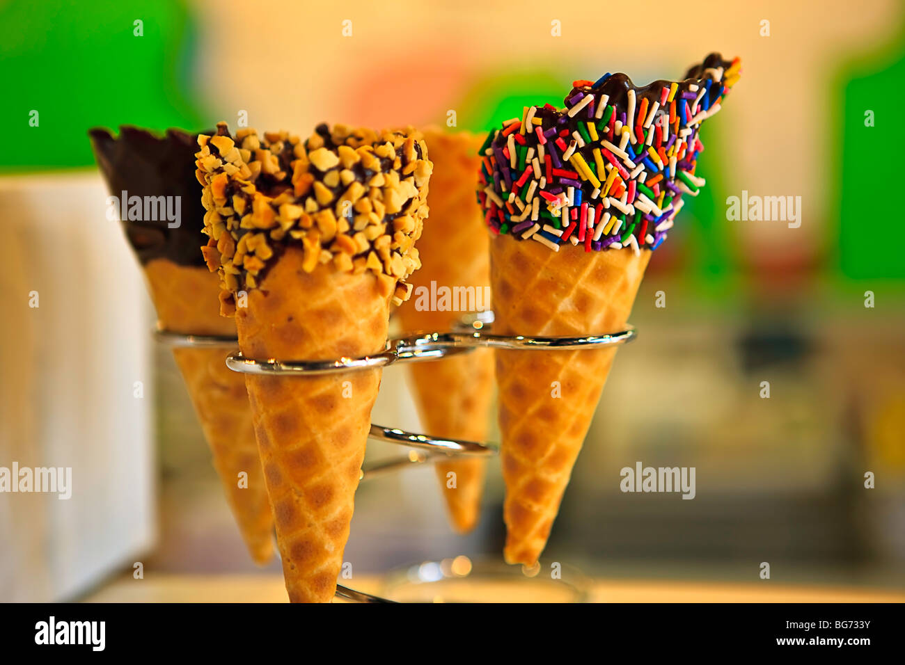 Chocolate dipped waffle ice cream cones at Cow's in the town of Niagara