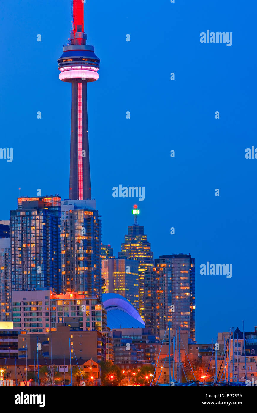 Skyline of Toronto City seen from Ontario Place, Toronto, Ontario, Canada at dusk. Stock Photo