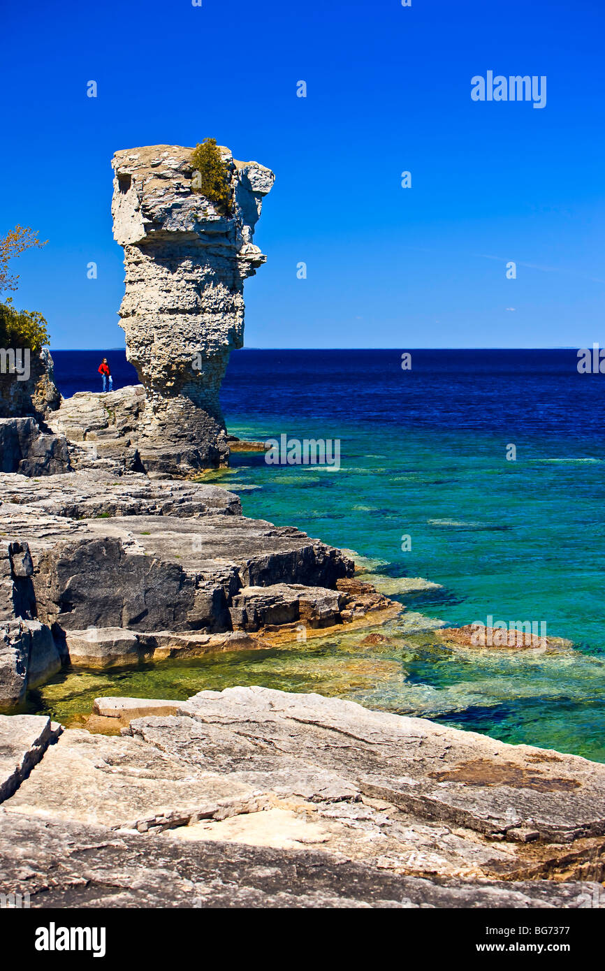 Sea Stack along the shoreline of Flowerpot Island in the Fathom Five National Marine Park, Lake Huron, Ontario, Canada. Model Re Stock Photo