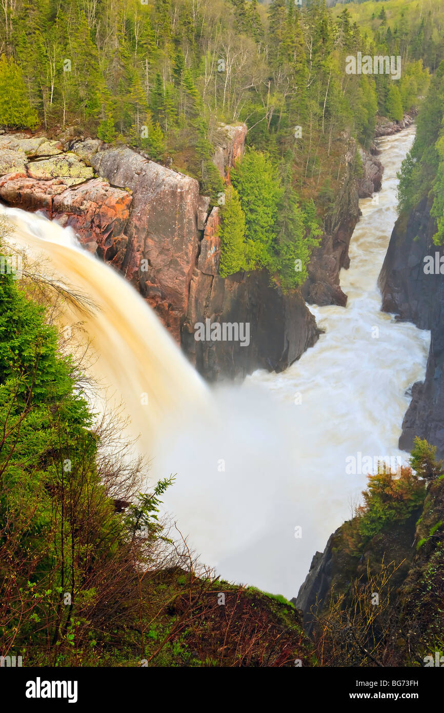 Aguasabon Falls near the the town of Terrace Bay during a spring flood, Lake Superior, Ontario, Canada. Stock Photo