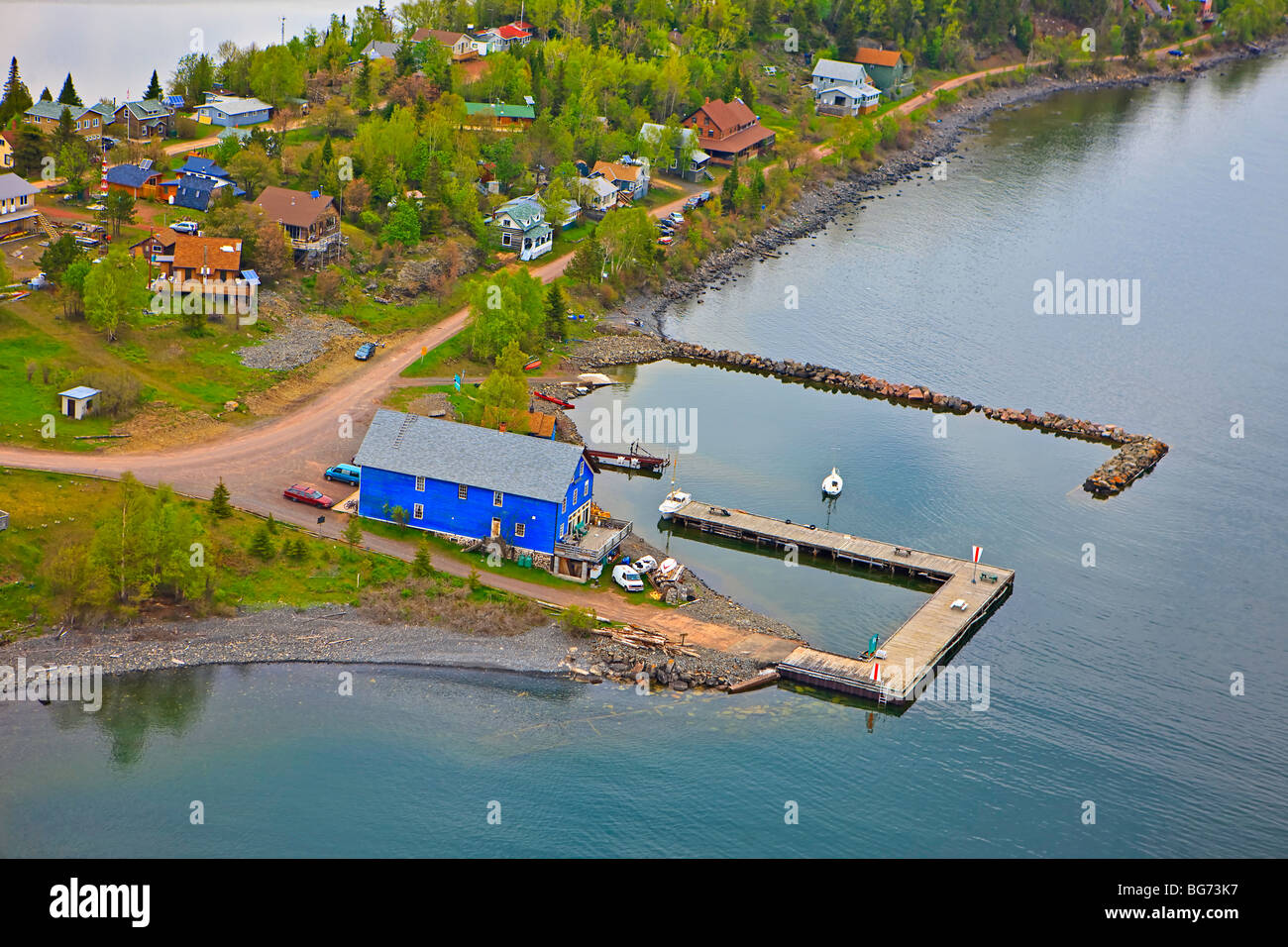 Aerial view of the community of Silver Islet near Sleeping Giant Provincial Park along the coastline of Lake Superior, Ontario,  Stock Photo