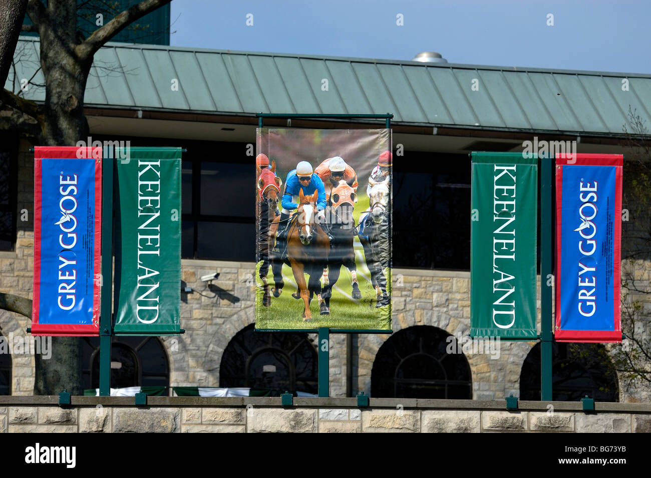 Banners hung at the Keeneland thoroughbred racecourse in Lexington, Kentucky, USA. Stock Photo