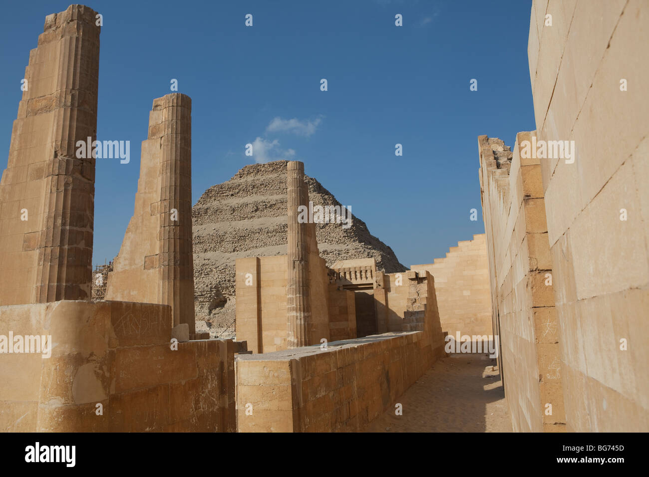 Step pyramid of Djoser (Zoser) in Saqqara, Egypt as seen from the Heb-Sed Jubilee Court. Stock Photo