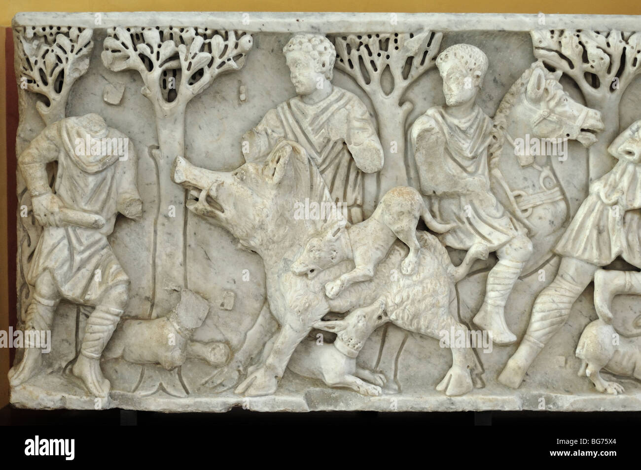 Sanglier or Boar Hunting Scene, Marble Carving from Alyscamps, Roman Sarcophagus or Tomb, c3rd AD, Arles Antique Museum, Provence, France Stock Photo
