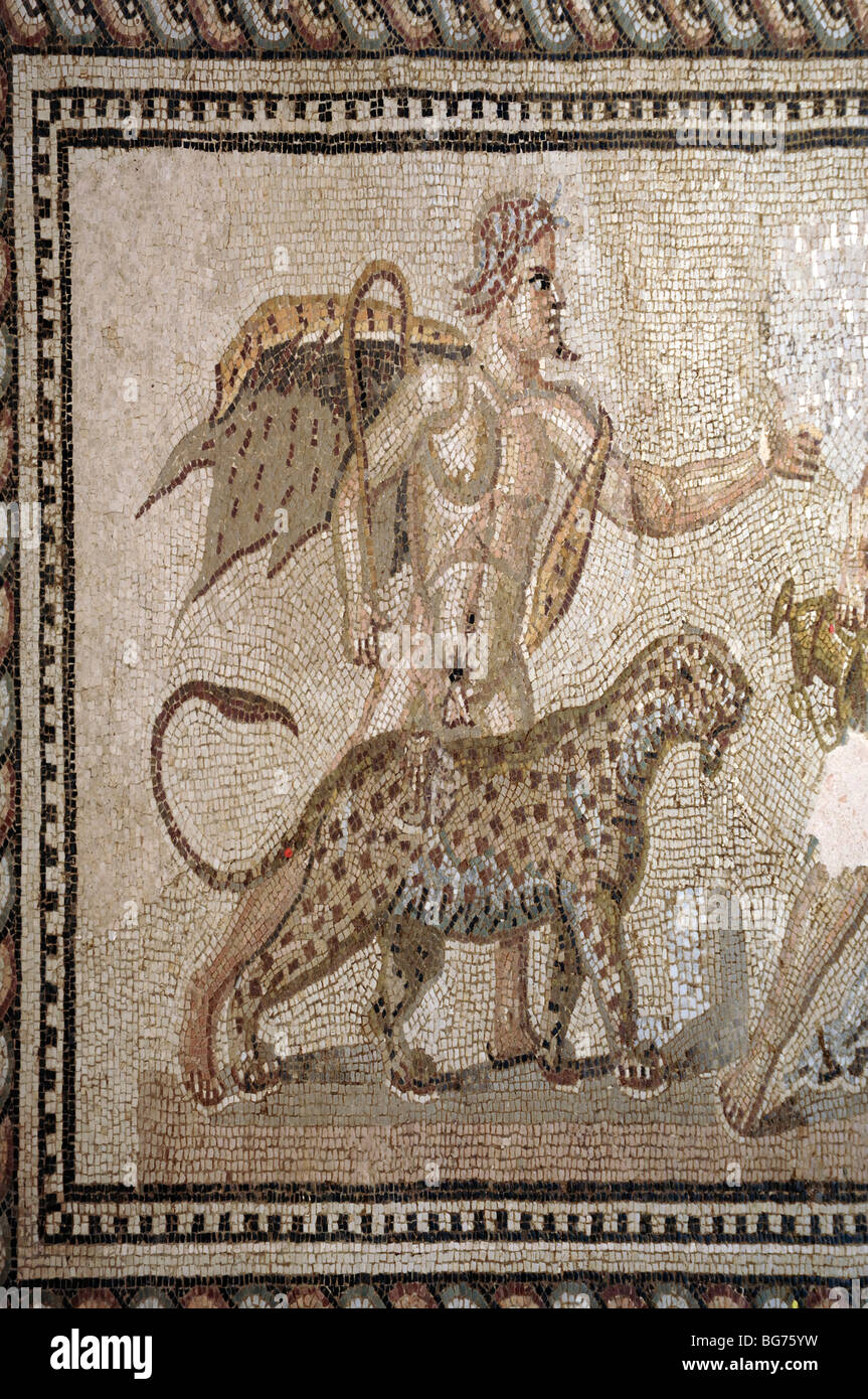 Devil Figure & Panther Taunts Dionysos c2nd Roman Mosaic from Trinquetaille nr Arles, Musée de l'Arles Antique, Provence, France Stock Photo