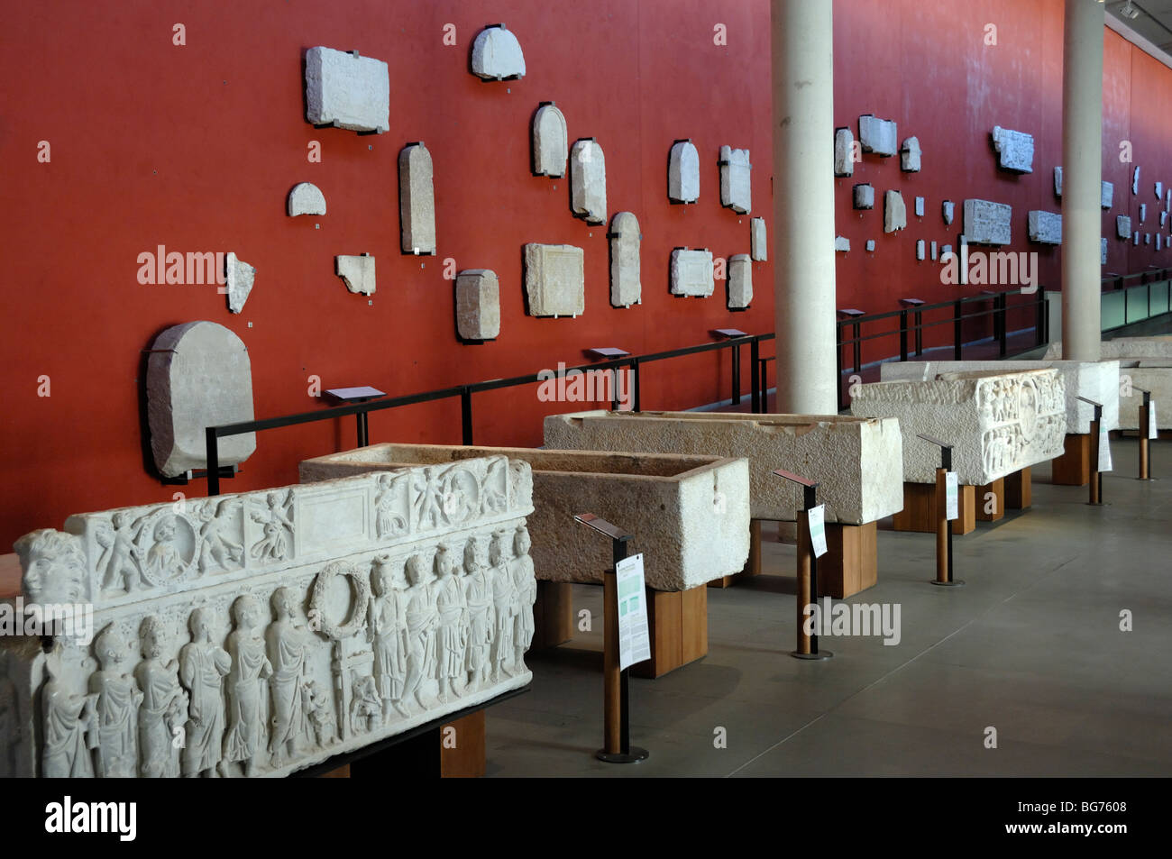 Interior of the Musée de l'Arles Antique, or Arles Antiquity Museum, with Roman Sacrophagii & Antiquities, Arles,Provence,France Stock Photo
