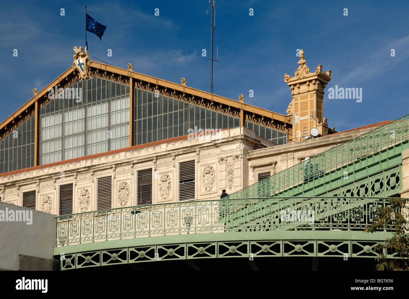 c19th Belle Epoque or Art Nouveau Facade with Wrought Iron or Ironwork of Gare Saint Charles Railway Station, Marseille or Marseilles, Provence France Stock Photo