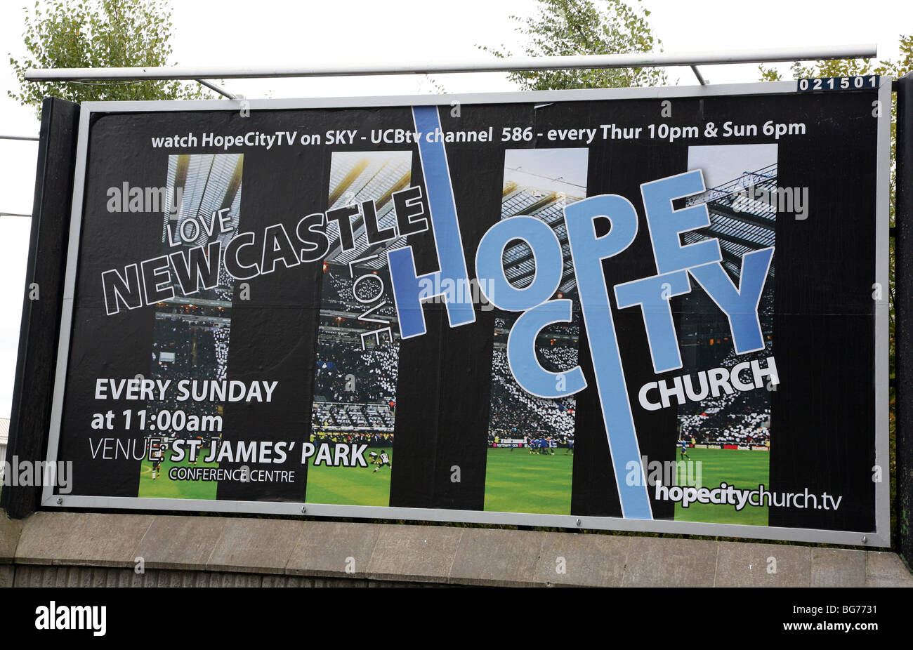 Christian event billboard outside Newcastle United FC stadium Stock