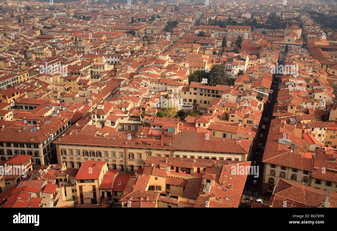 A view looking down on the red roof tops of Florence, Tuscany Italy. Stock Photo