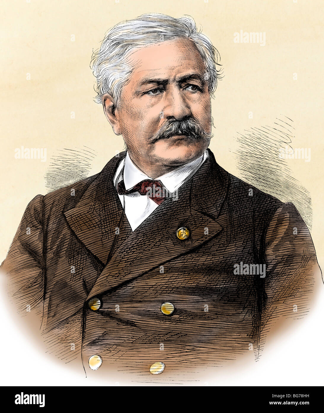 Ferdinand-Marie de Lesseps, who conceptualized the Suez Canal. Hand-colored woodcut Stock Photo