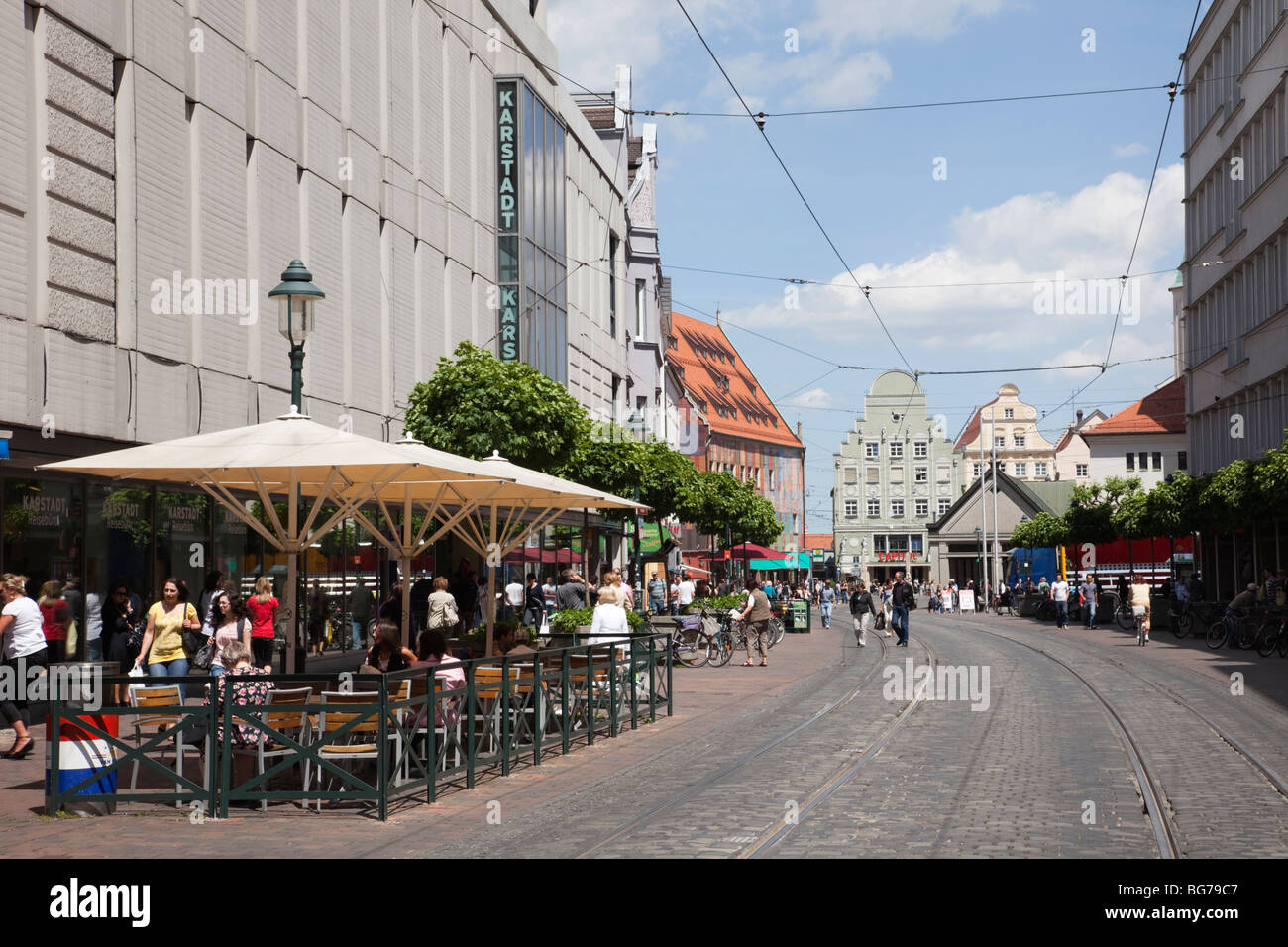Moritzplatz, Augsburg, Bavaria, Germany, Europe. City centre street scene with people dining outside in pavement cafes Stock Photo