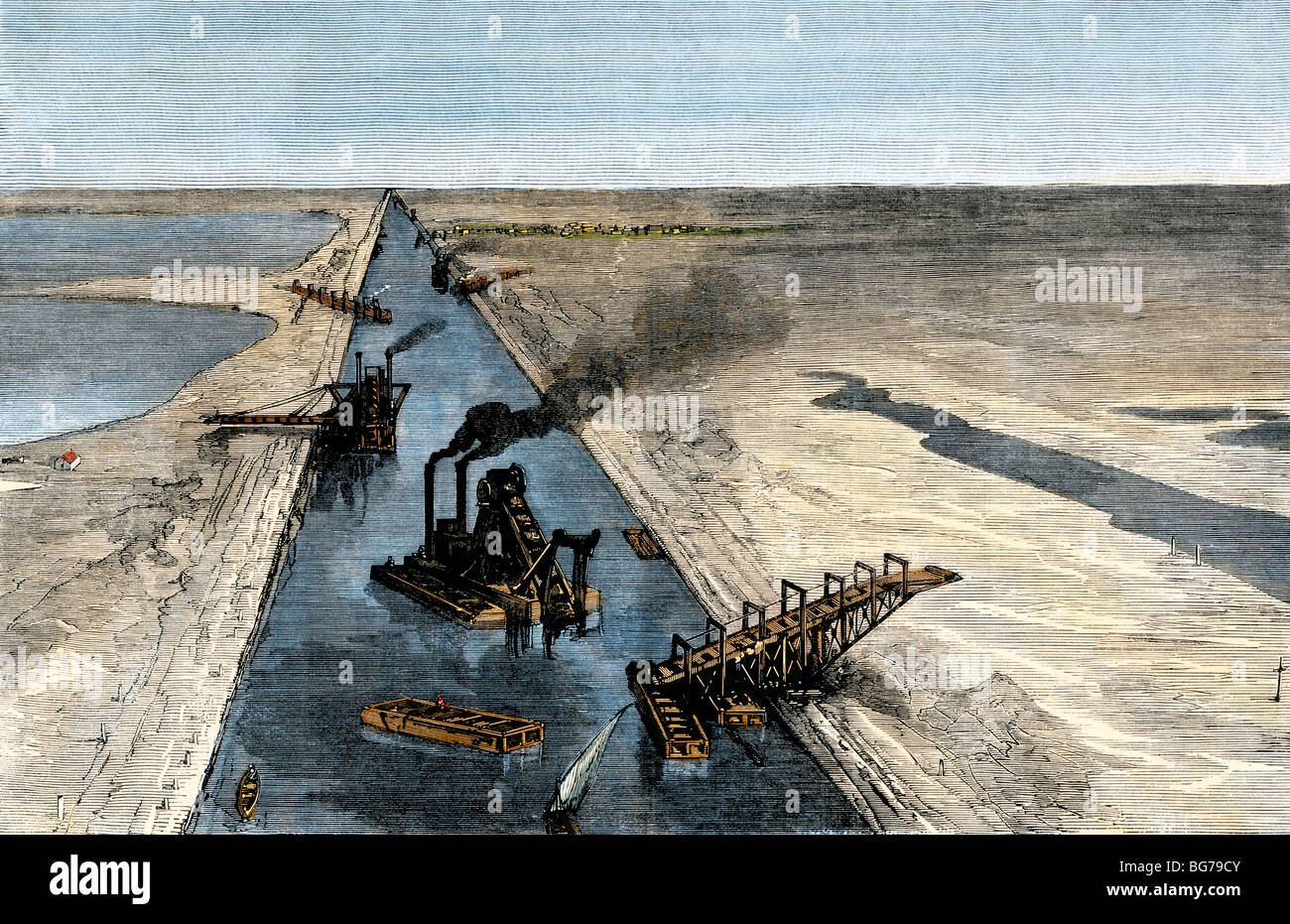 Dredges beginning to construct the Suez Canal, 1869. Hand-colored woodcut Stock Photo