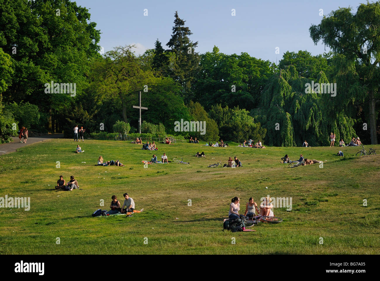 People enjoying sun in Viktoria Park, the so called 'Kreuzberg', in the popular Kreuzberg district, Berlin, Germany, Europe. Stock Photo