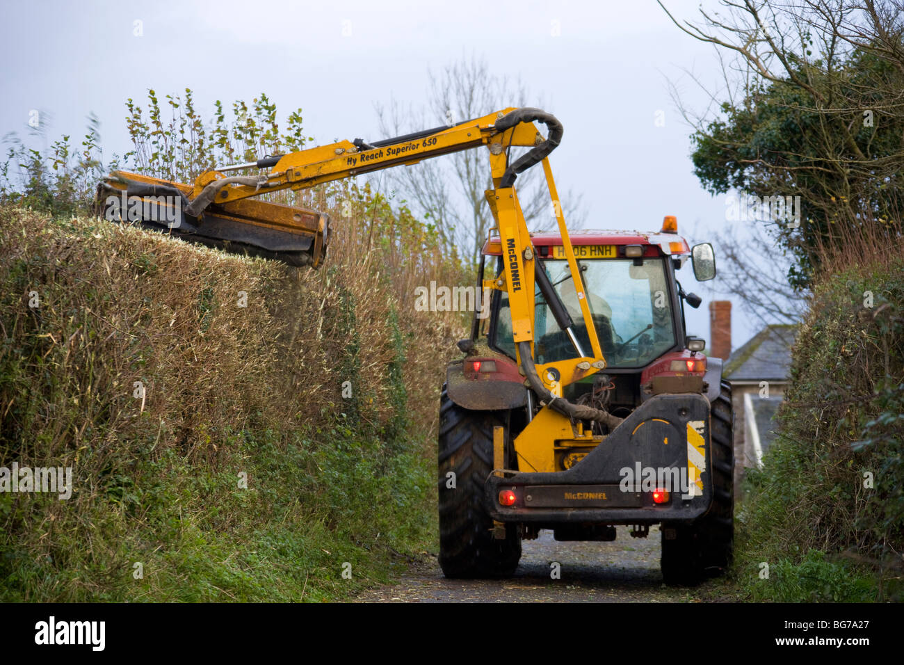 Hedge along country lane being cut with a mechanical hedge cutter. Stock Photo