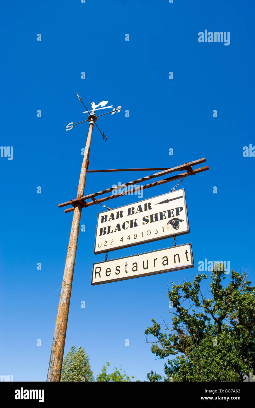 A sign for Bar Bar Black Sheep restaurant in the village of Riebeek Kasteel, Western Cape, South Africa. Stock Photo