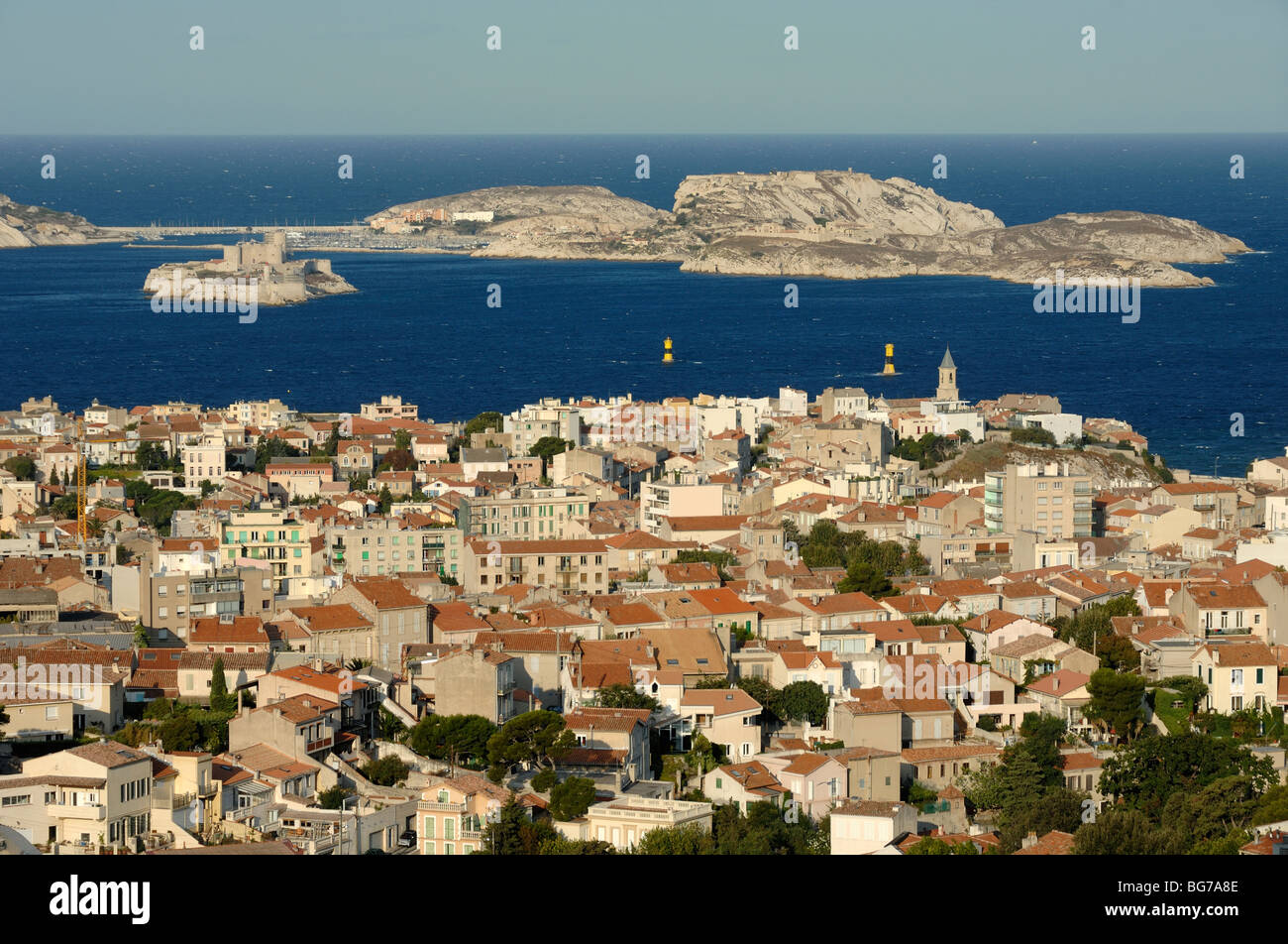 Panorama or Panoramic View over Frioul Islands or Archipelago, Endoume District & Marseille Bay Mediterranean, Marseille Provence France Stock Photo
