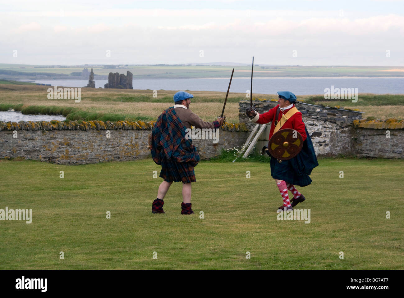 Enthusiasts re-enact historical battles at the Sinclair Gathering, Noss, near Wick, Scotland Stock Photo