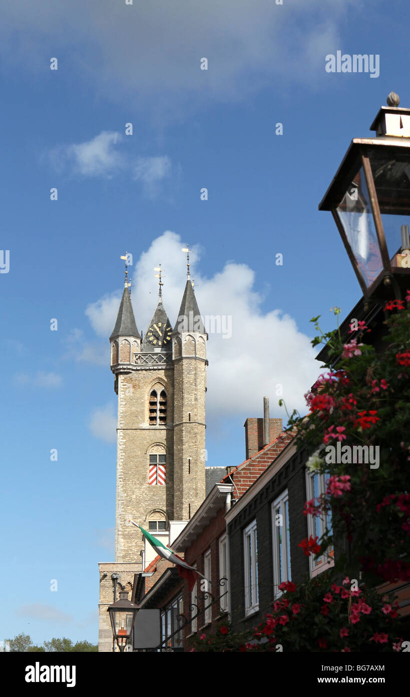 The Belfort tower at the town hall in Sluis, Holland. This is the only Belfort tower in the Netherlands. Stock Photo