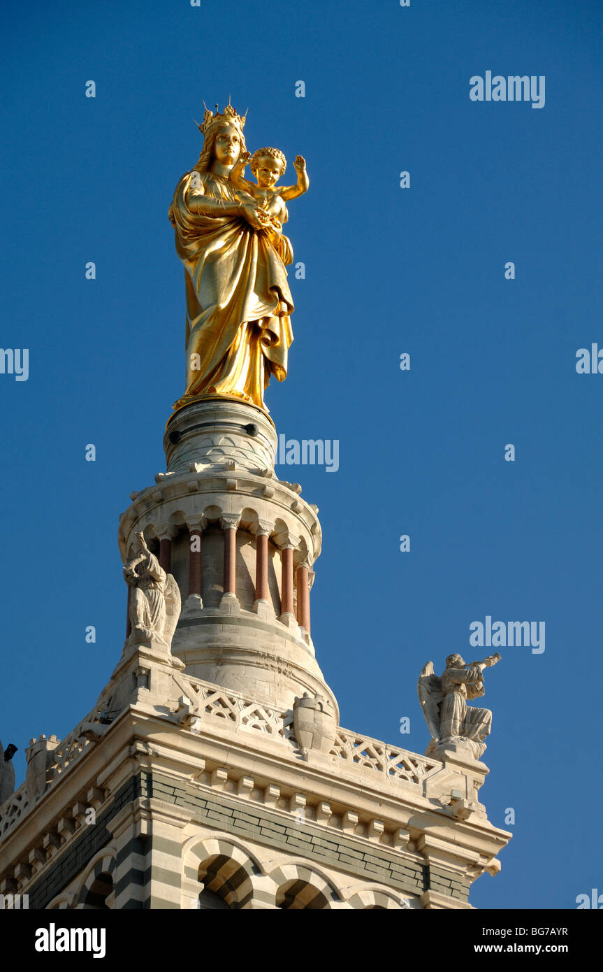 Gold or Golden Madonna & Child, Mary & Jesus, Tower, Notre Dame de la Garde Church, Marseille or Marseilles, Provence, France Stock Photo