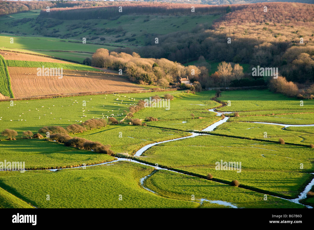 A flood plane in the Cuckmere Valley, England Stock Photo