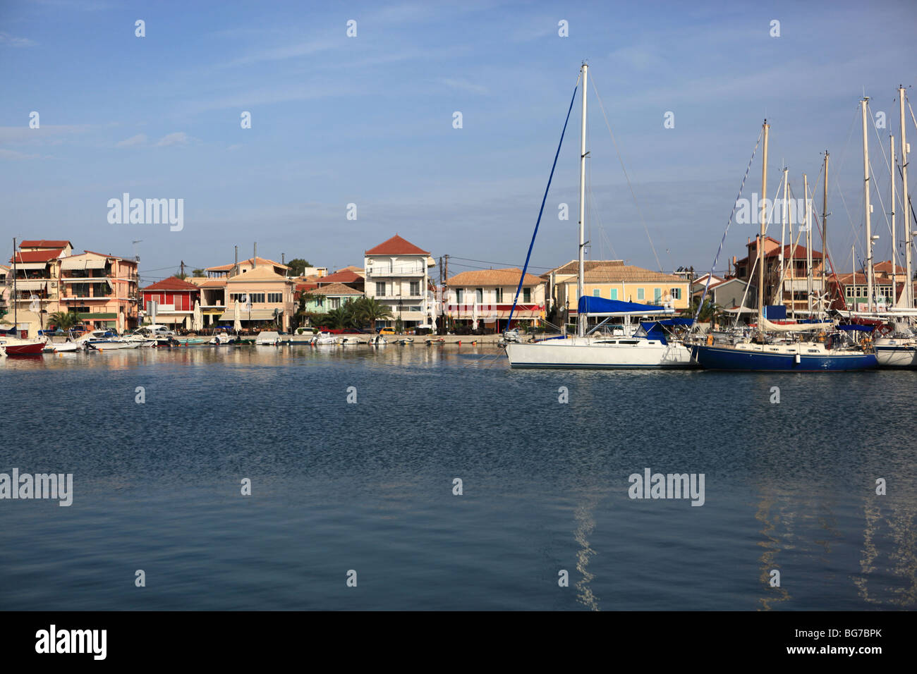 View across the harbour wall towards the town of Lefkas on the Greek Ionian Island of Lefkas Stock Photo