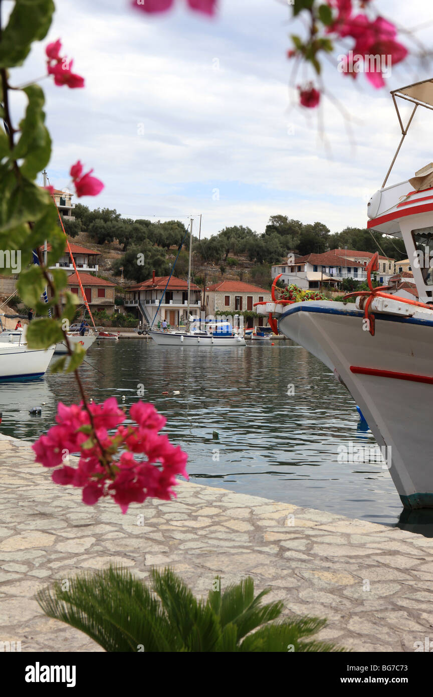 Pretty harbour of the small port town of Valthi on the Greek Island of Meganissi in the Ionian Sea. Stock Photo