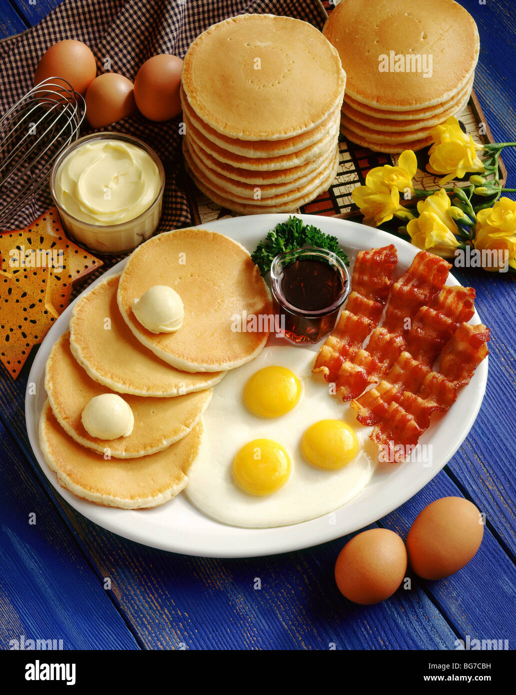 Pancakes, eggs and bacon breakfast Stock Photo Alamy