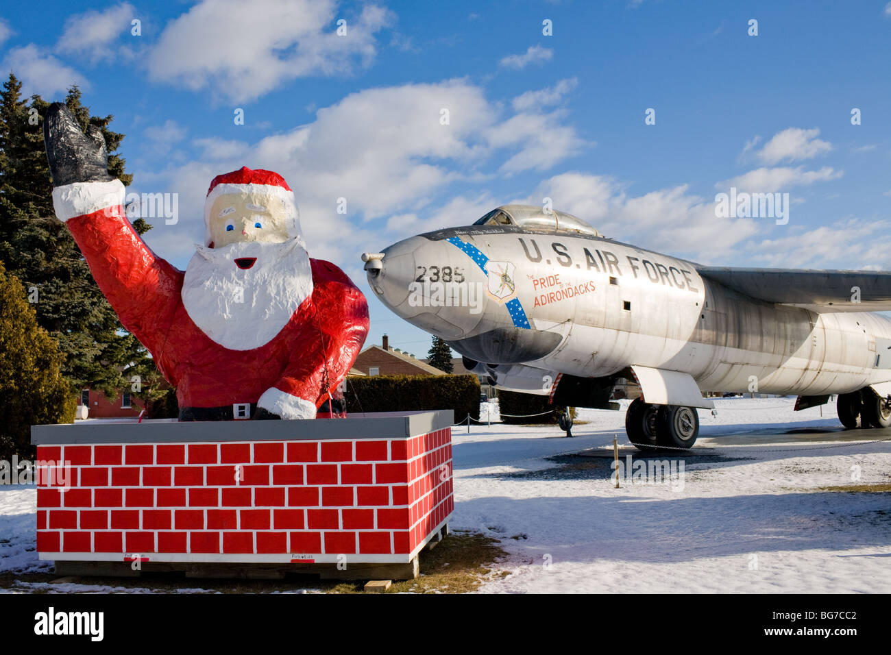 Santa Claus and B47 in Plattsburgh New York at site of decommissioned Air Force Base Stock Photo