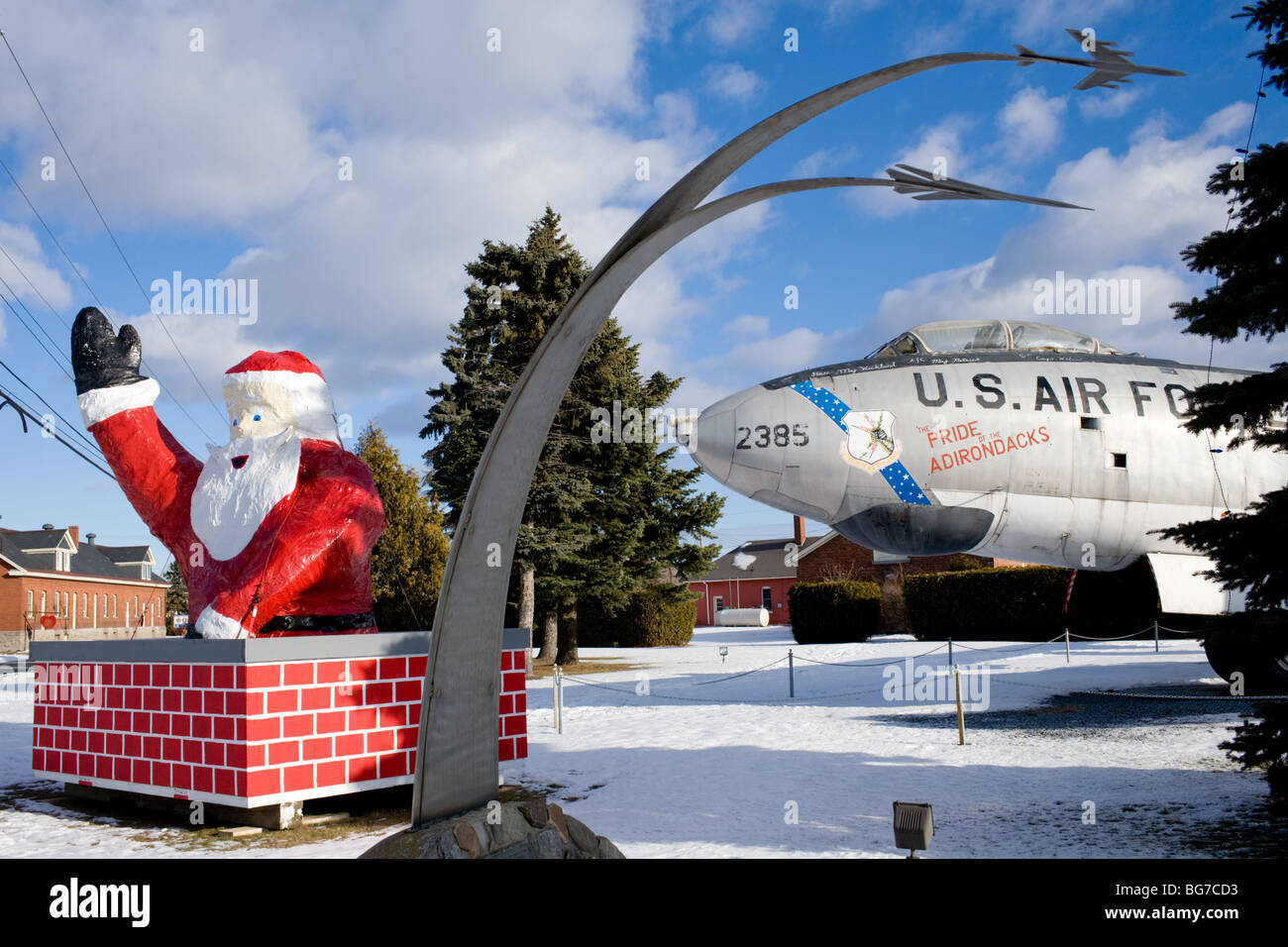 Santa Claus and B47 in Plattsburgh New York at site of decommissioned Air Force Base Stock Photo