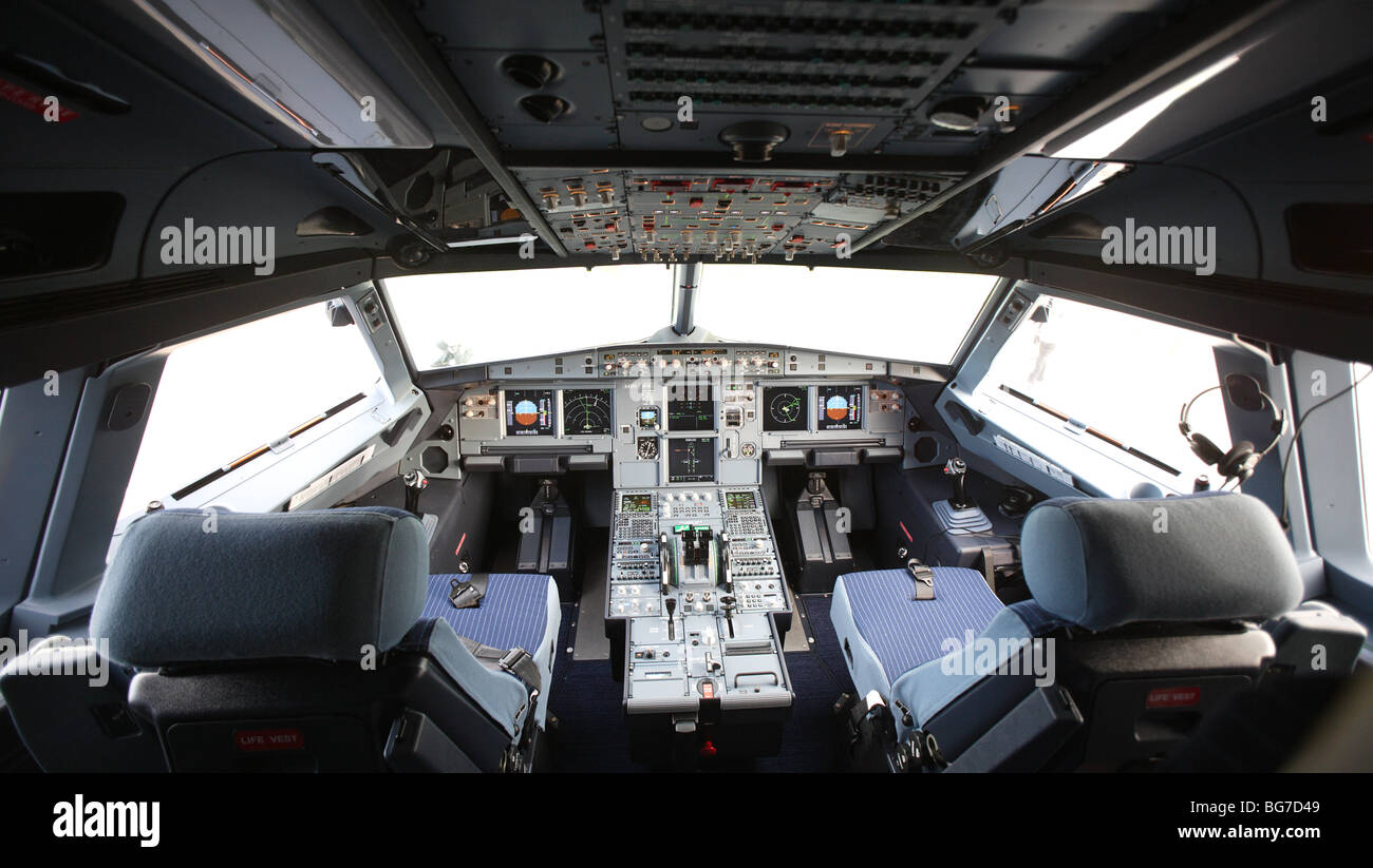 The cockpit of a new Easyjet Airbus A319 at Belfast International Airport, Wednesday, December 9th, 2009. Stock Photo
