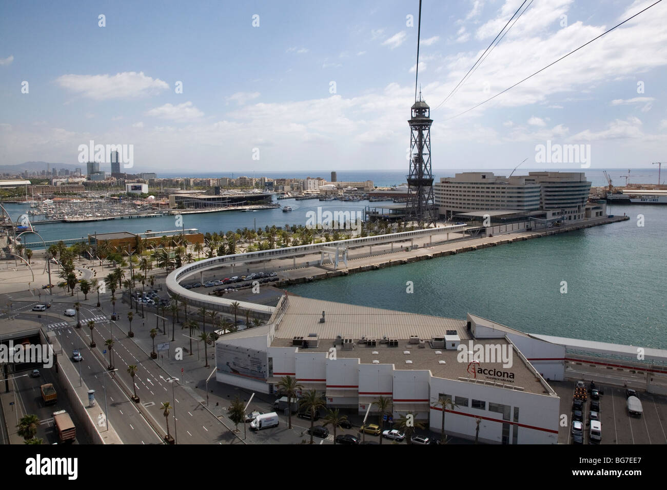 Aerial view of the harbour from Montjuic cable car Barcelona Spain ...