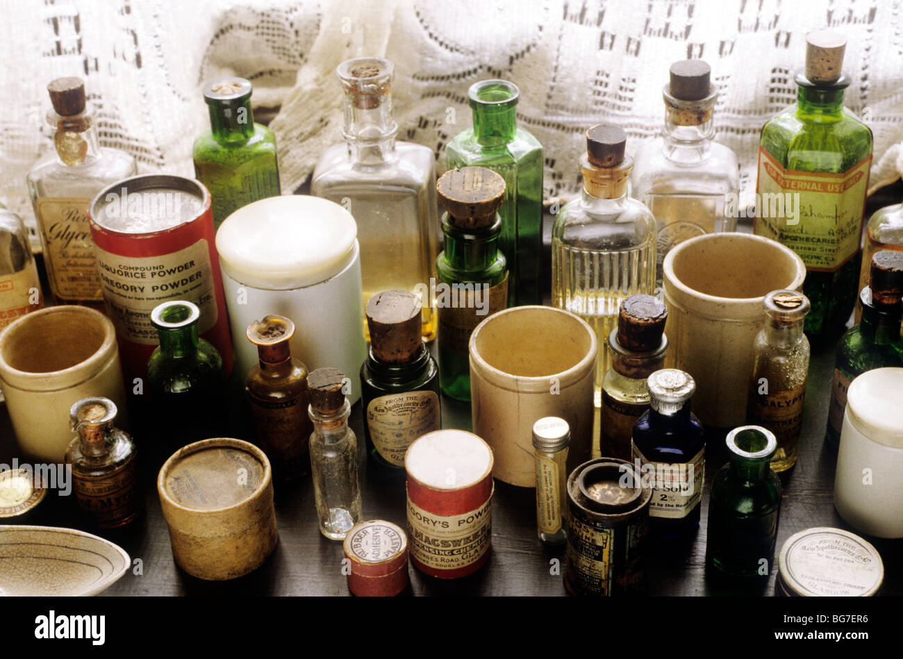 Glasgow, The Tenement House, interior detail exhibit museum Scotland UK old medicine bottle bottles jar jars display Stock Photo
