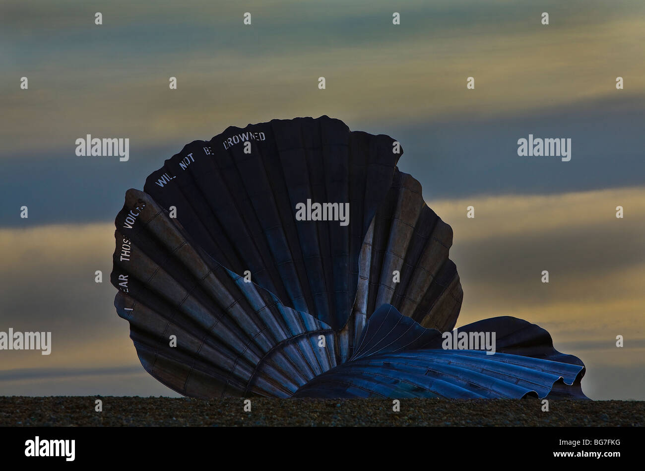 The Scallop Scupture dedicated to Benjamin Britten by artist Maggi Hambling on Aldeburgh beach on the Suffolk Coast East Anglia Stock Photo