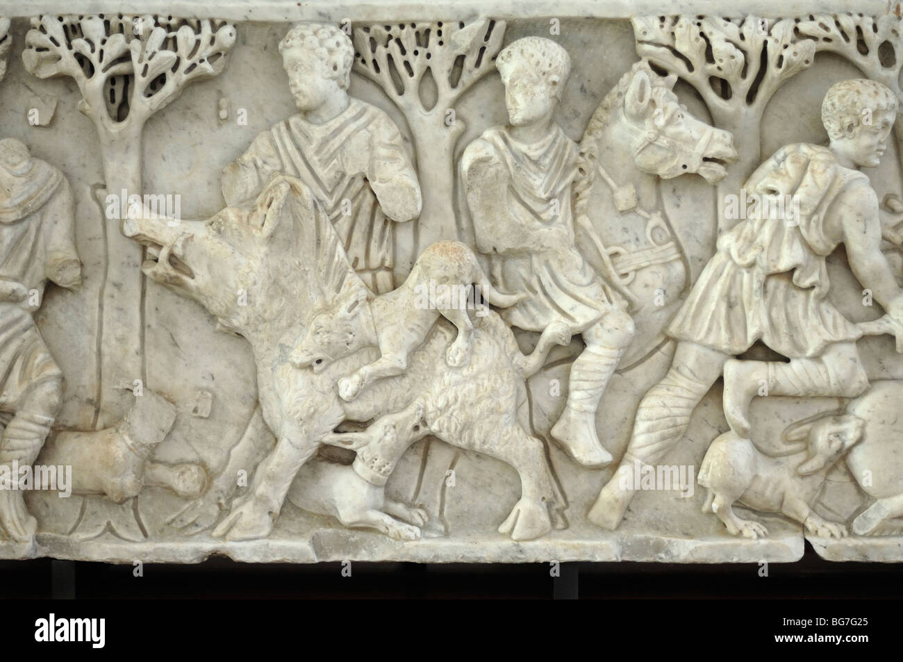 Roman Sacrophagus or Tombs Showing Boar Hunters Hunting (c3rd AD),from Alyscamps Cemetery, Arles Antique Museum, Provence,France Stock Photo