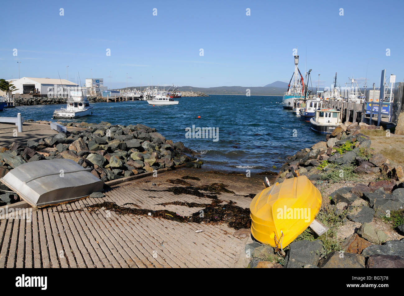 A fishing port at the small community town of Eden on the south coast of New South Wales in Australia. Stock Photo