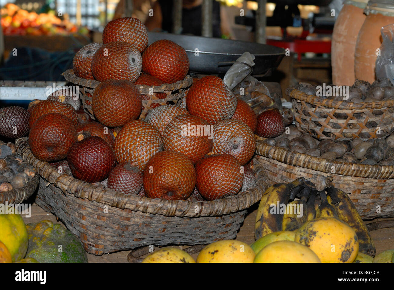 Buriti (Mauritia flexuosa), Moriche Palm, fruit on sale at Ver-o-Peso Market, Belem. Para, Brazil Stock Photo