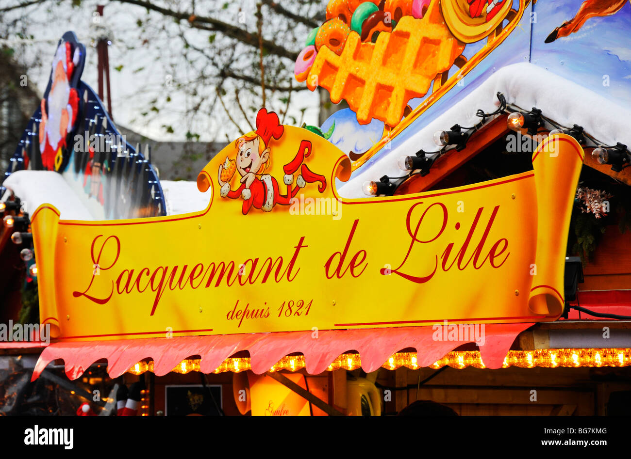 Lille, Pas de Calais, France. Waffle stall at the Christmas Market Stock Photo