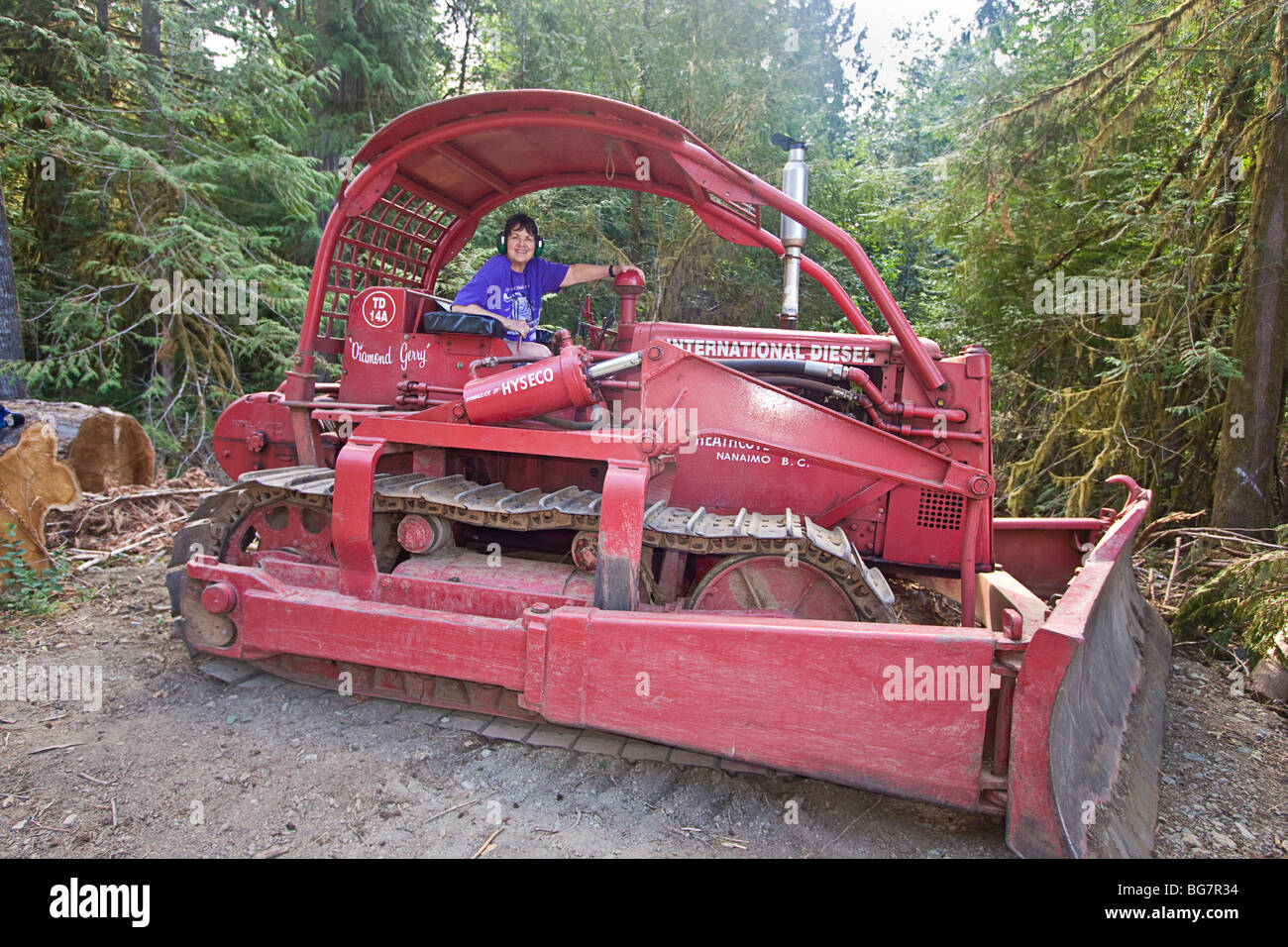 Woman visitor tries her hand at circa 1947 diesel powered bulldozer at McLean Mill, National Historic Site, Port Alberni, Canada Stock Photo