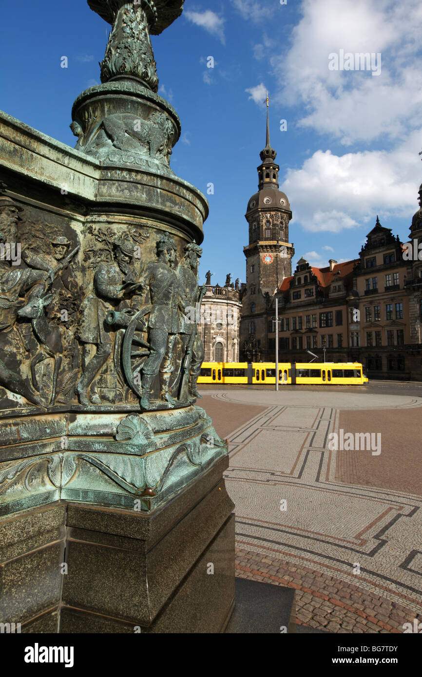 Germany, Saxony, Dresden, Theaterplatz, Theatre Square, Engraved Base of Statue of King John, Hausmann Tower, Tram Stock Photo