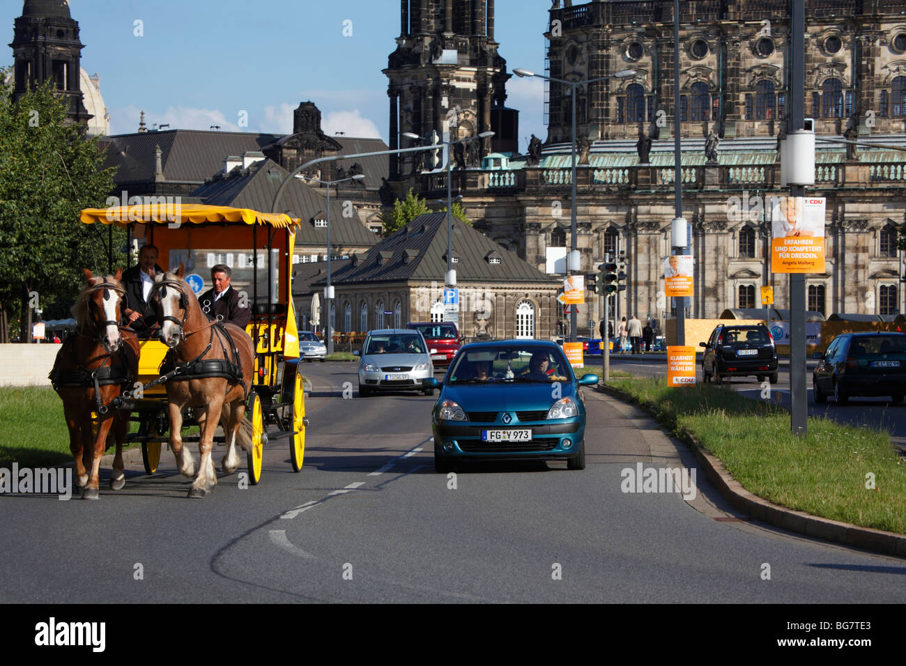 Germany, Saxony, Dresden, Tourist Horse and Carriage Rides along Terrassenufer Stock Photo