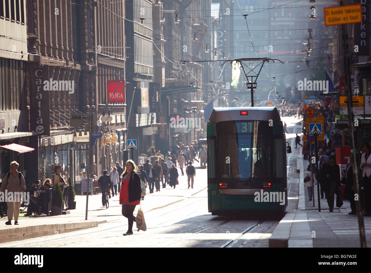Finland, Helsinki, Helsingfors, Aleksanterinkatu, Aleksanterink Street, Tram, Pedestrians Stock Photo