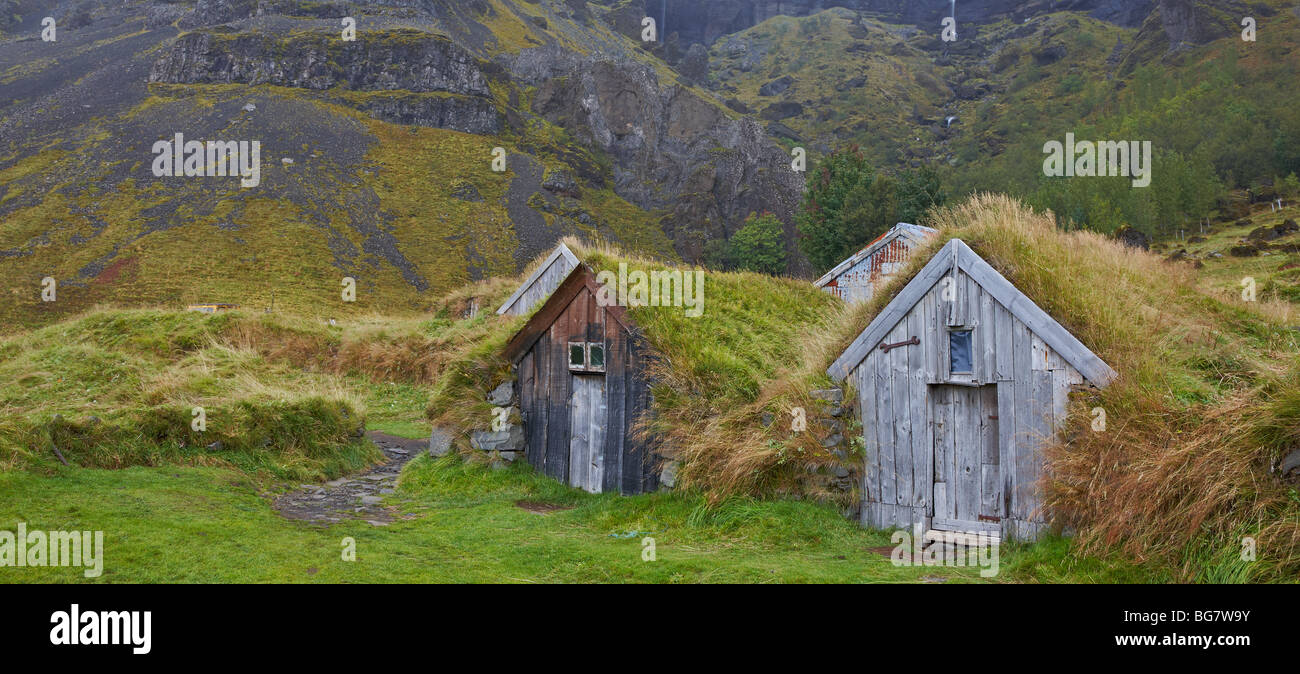 Turf covered old farms, Nupsstadur, Iceland Stock Photo
