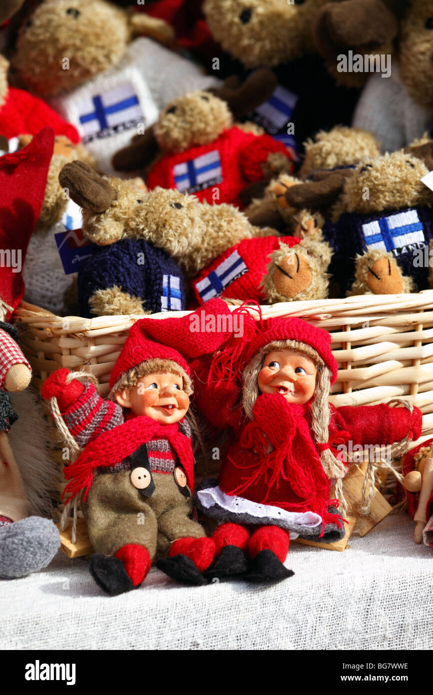 Finland, Southern Finland, Eastern Uusimaa, Porvoo, Market Square, Town Hall Square, Handicrafts, Dolls on Sale in Market Stall Stock Photo