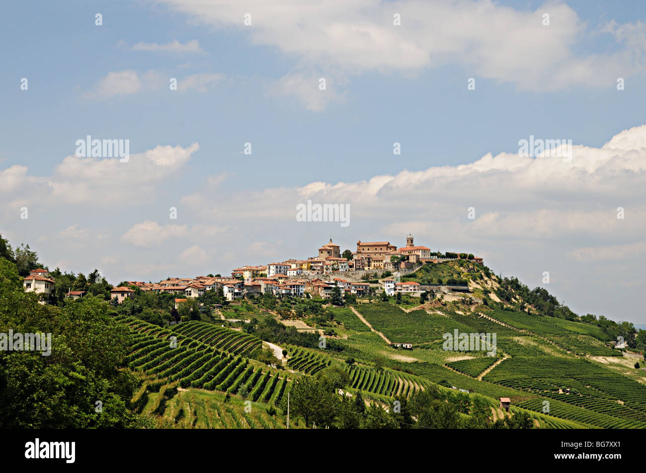 Medieval hill top town La Morra Langhe valley Piedmont Italy Piedmonte with Barolo vineyards Stock Photo
