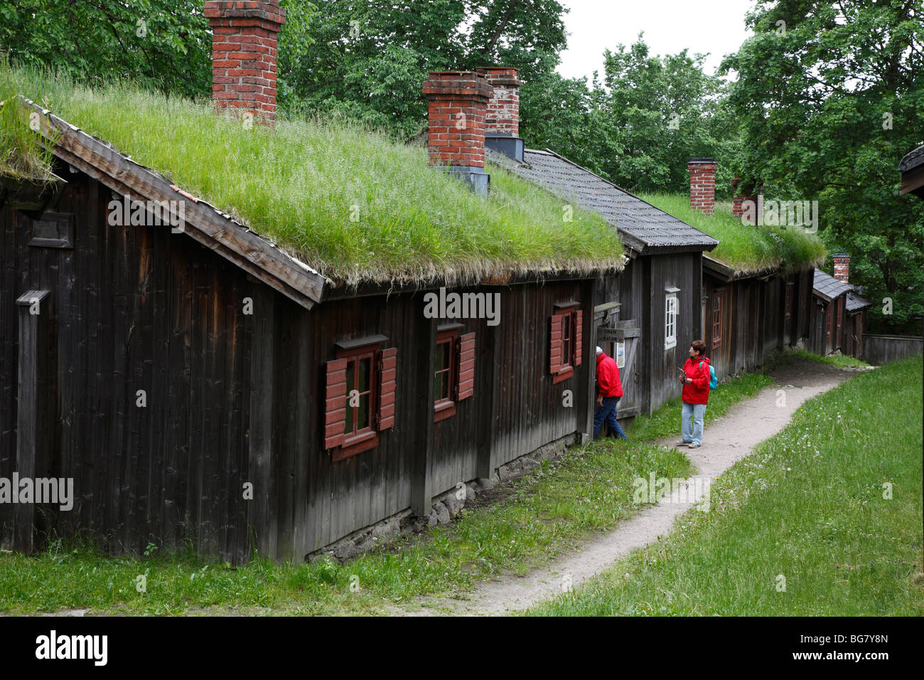 Finland Turku Cloister Hill Luostarinmäki Handicrafts Museum 18 Wooden Quarters from the 18th Century Houses with Grass Roofs Stock Photo