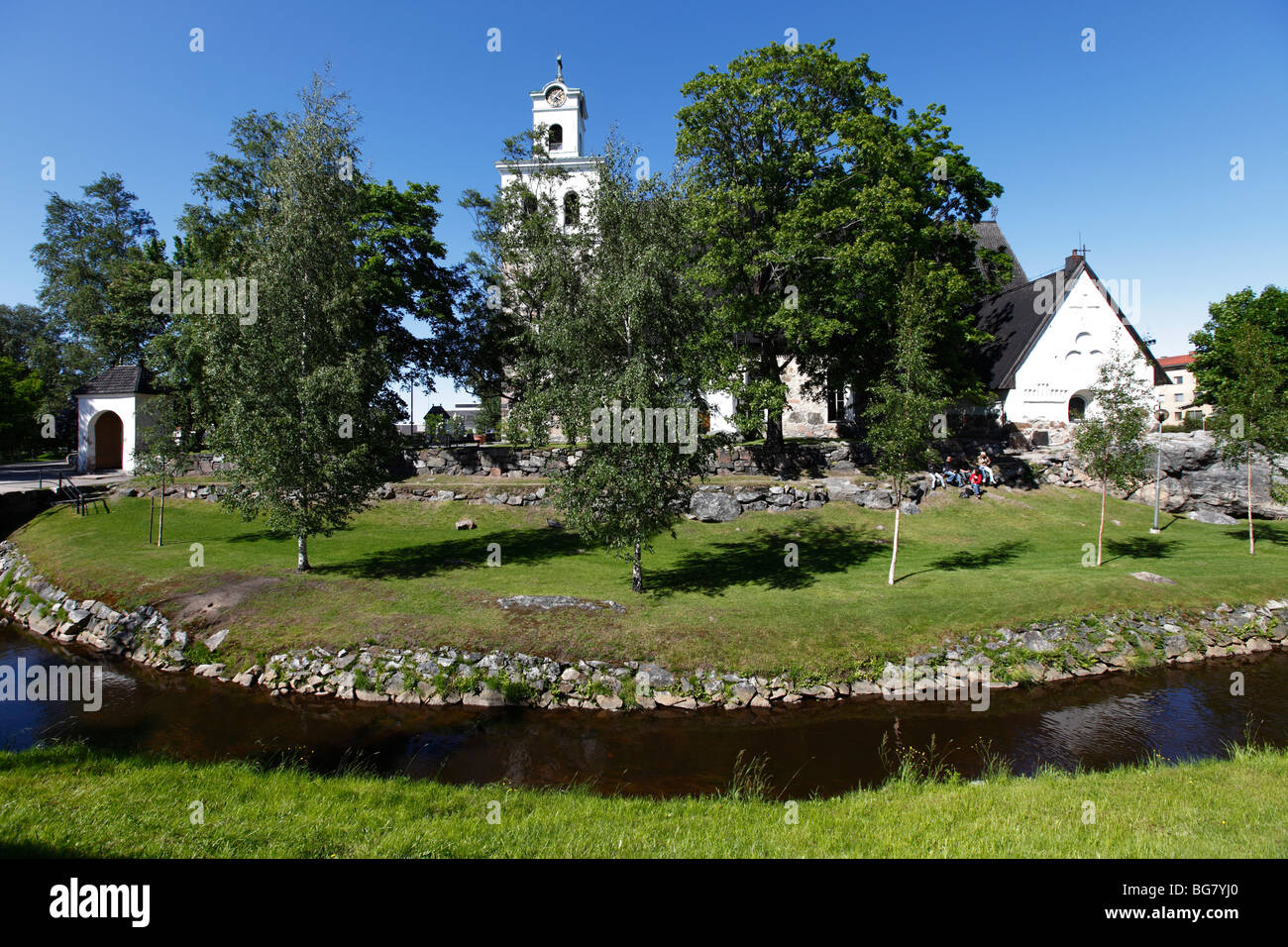Finland, Region of Satakunta, Rauma, Historic Church, 15th-Century Stone Church of Holy Cross, Creek Stock Photo