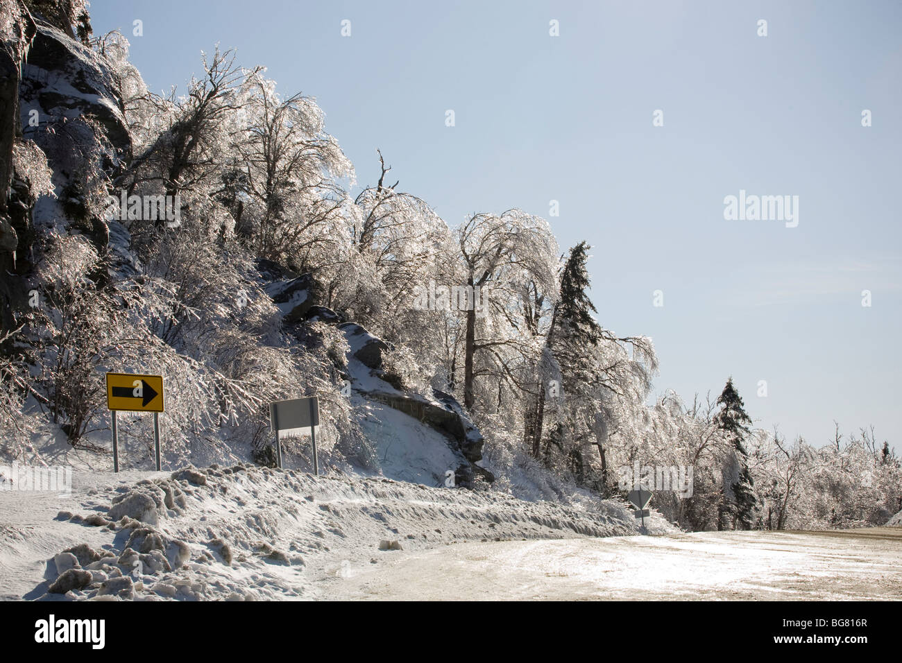 Road signs and trees covered in ice on Route 17 in Fayston, Vermont ...