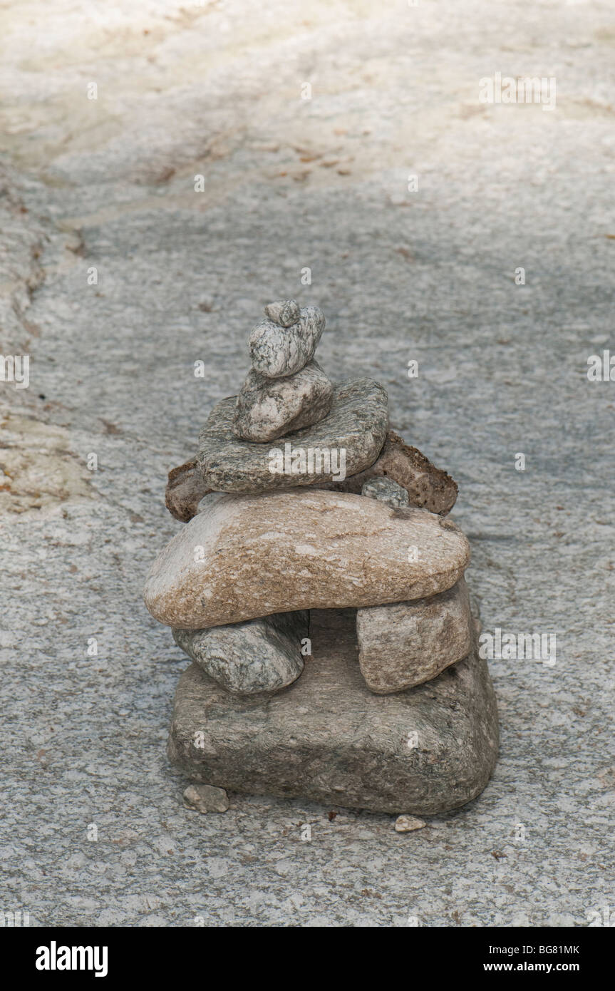 Cairn placed for signaling the correct path for mountain hikers, Pyrenees, Spain Stock Photo