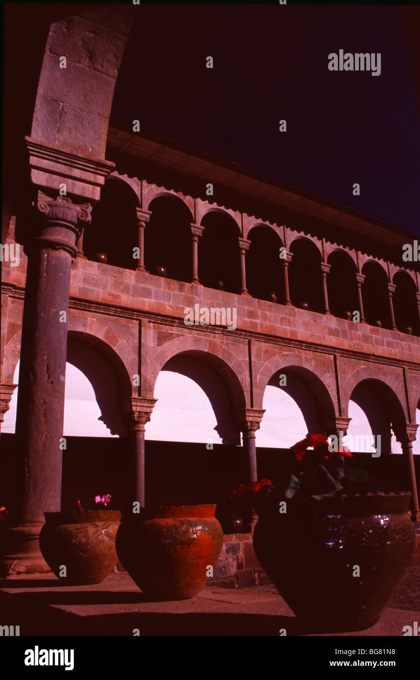 Picture of the Cusco Museum courtyard in Peru, with arches and flowers Stock Photo