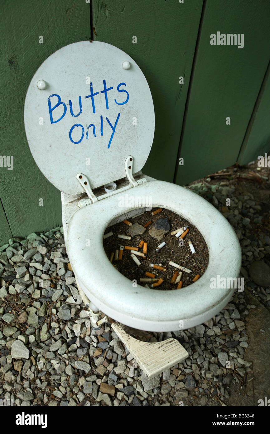 Humorous cigarette trash can made out of an old toilet at the Mystery Spot tourist attraction in Ansted, WV Stock Photo